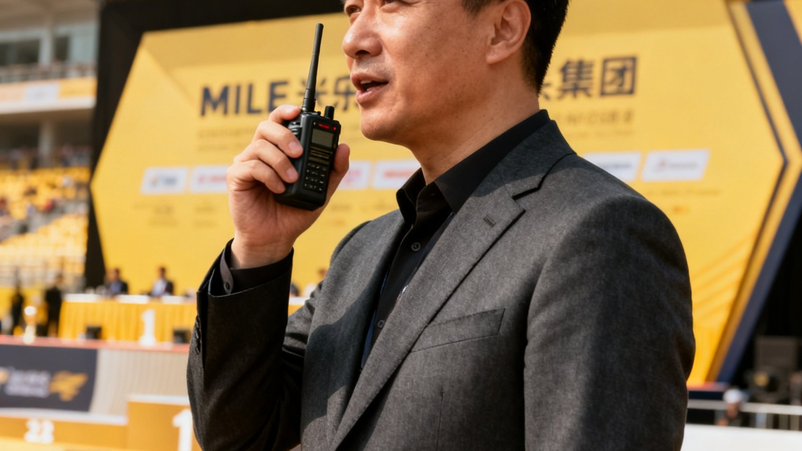 MILE米乐集团CEO周建先生半身照，身着深灰色西装，背景为大型赛事颁奖台，他正手持对讲机指挥现场调度。